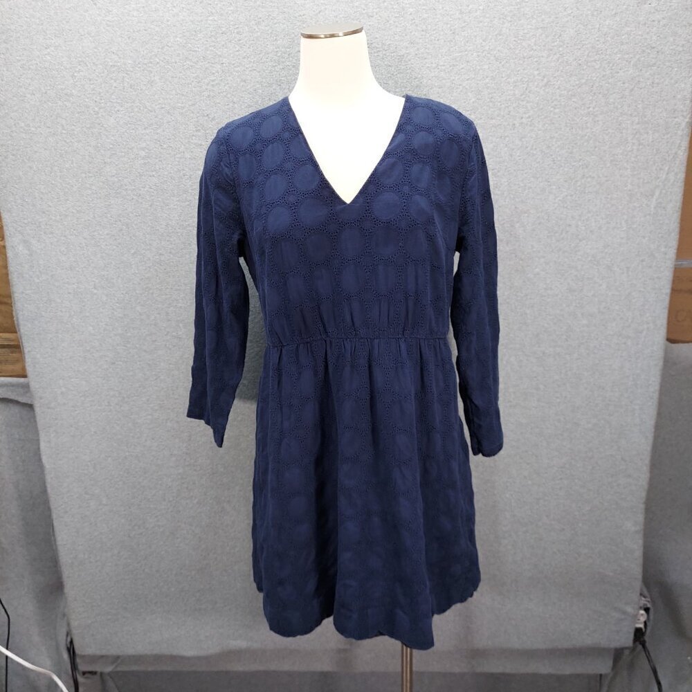 J.Crew Navy Blue Eyelet Dress V-Neck 3/4 Sleeve Womens Size 6
